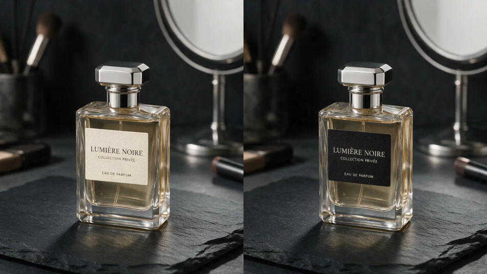 Before and after of the same perfume bottle, cream paper label changed to matte black
