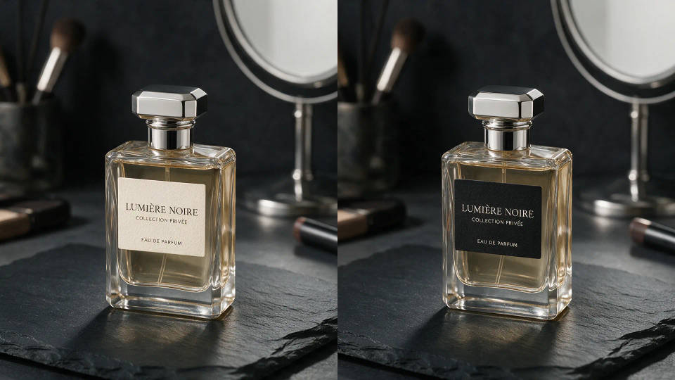 Antes e depois do mesmo frasco de perfume, com o rótulo de papel creme trocado por preto fosco