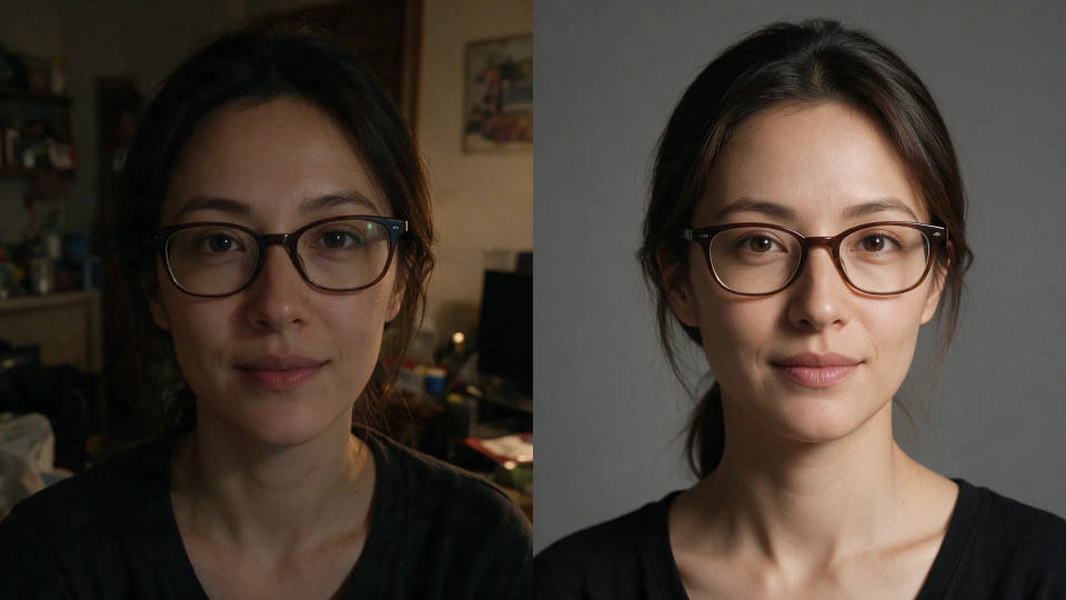 Antes e depois da mesma mulher, uma foto casual e escura ao lado de um retrato profissional de estúdio, limpo
