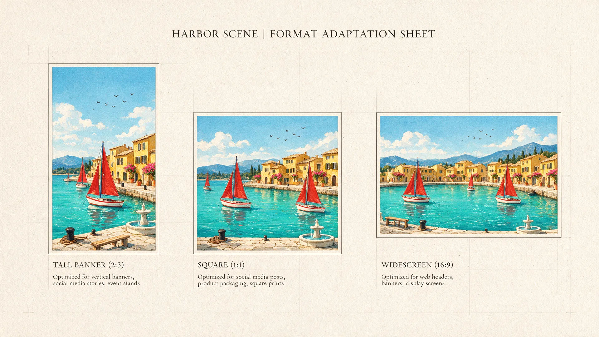 The same harbor scene recomposed as a tall banner, a square, and a widescreen frame