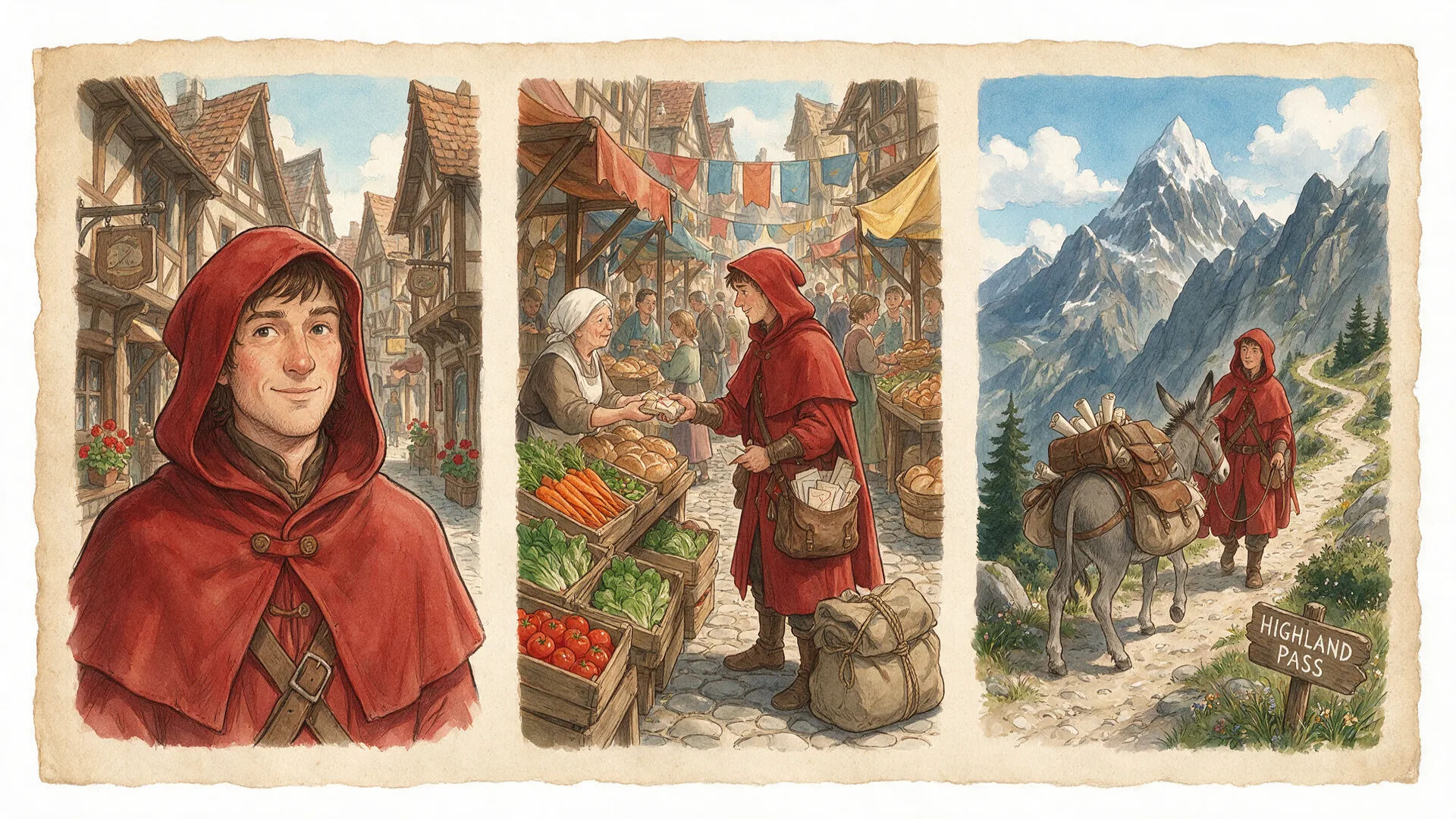 The same red-cloaked courier as a portrait, in a market street, and on a mountain pass, one painted style