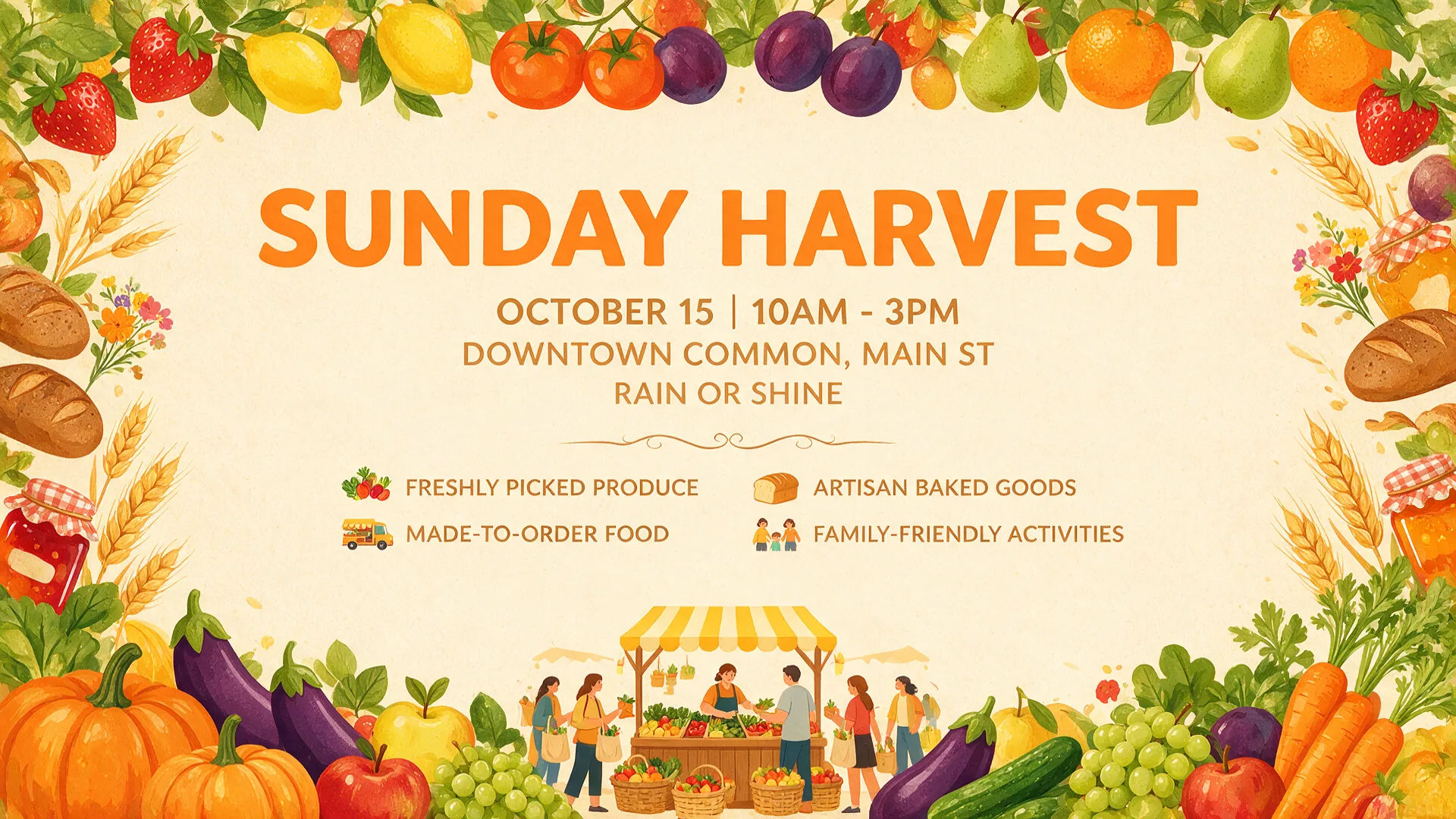 A farmers market poster with the headline SUNDAY HARVEST, date and venue lines, and legible small print