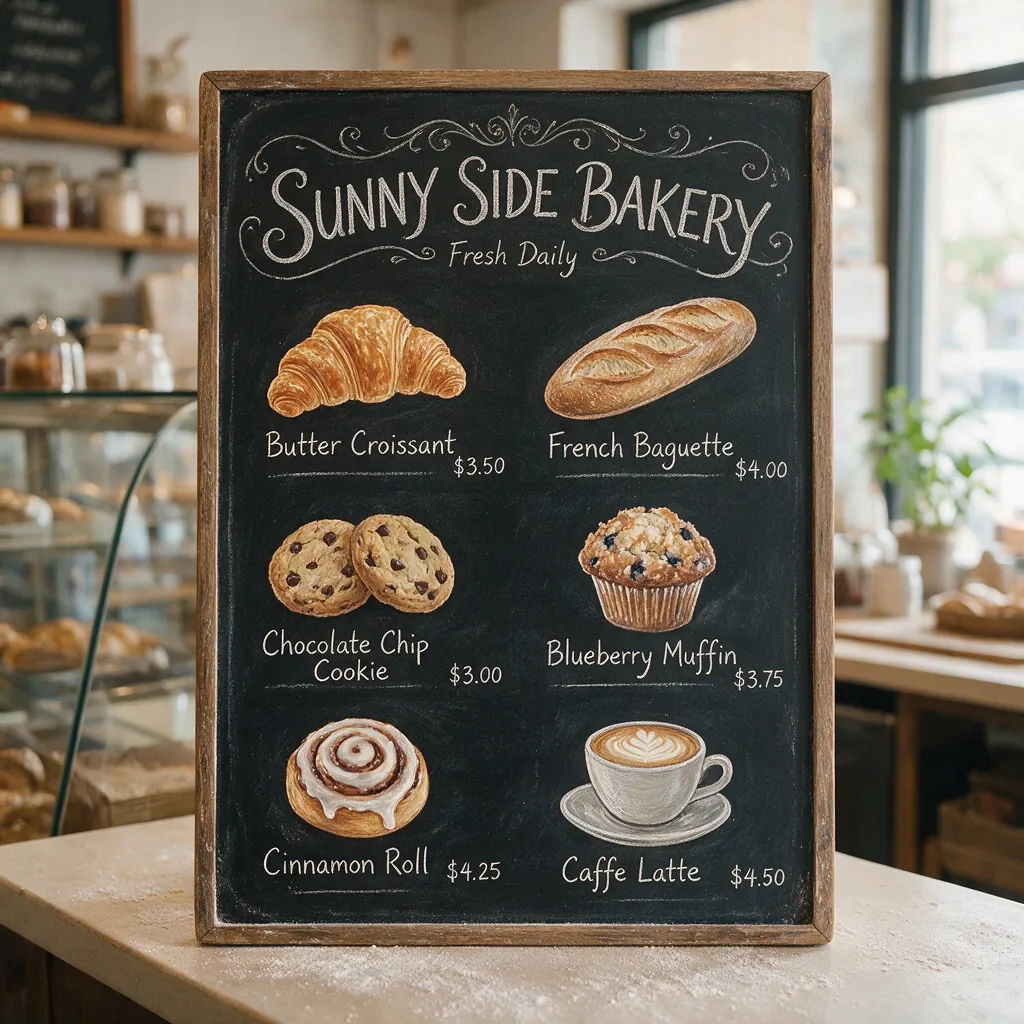 Bäckerei-Menütafel mit sechs Positionen und Preisen in ordentlicher Kreideschrift