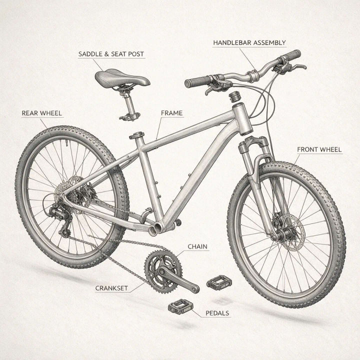 Diagrama explodido de uma bicicleta com peças legendadas sobre fundo off-white
