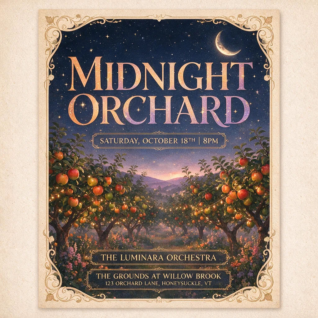 Konzertposter mit der Überschrift MIDNIGHT ORCHARD in breiter Serifenschrift