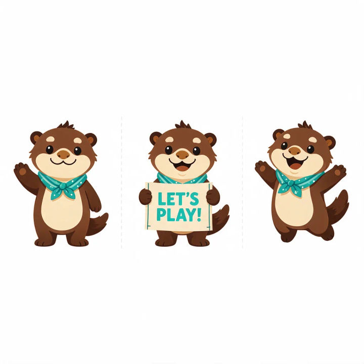 Ficha de personagem de uma mascote de lontra simpática em três poses consistentes