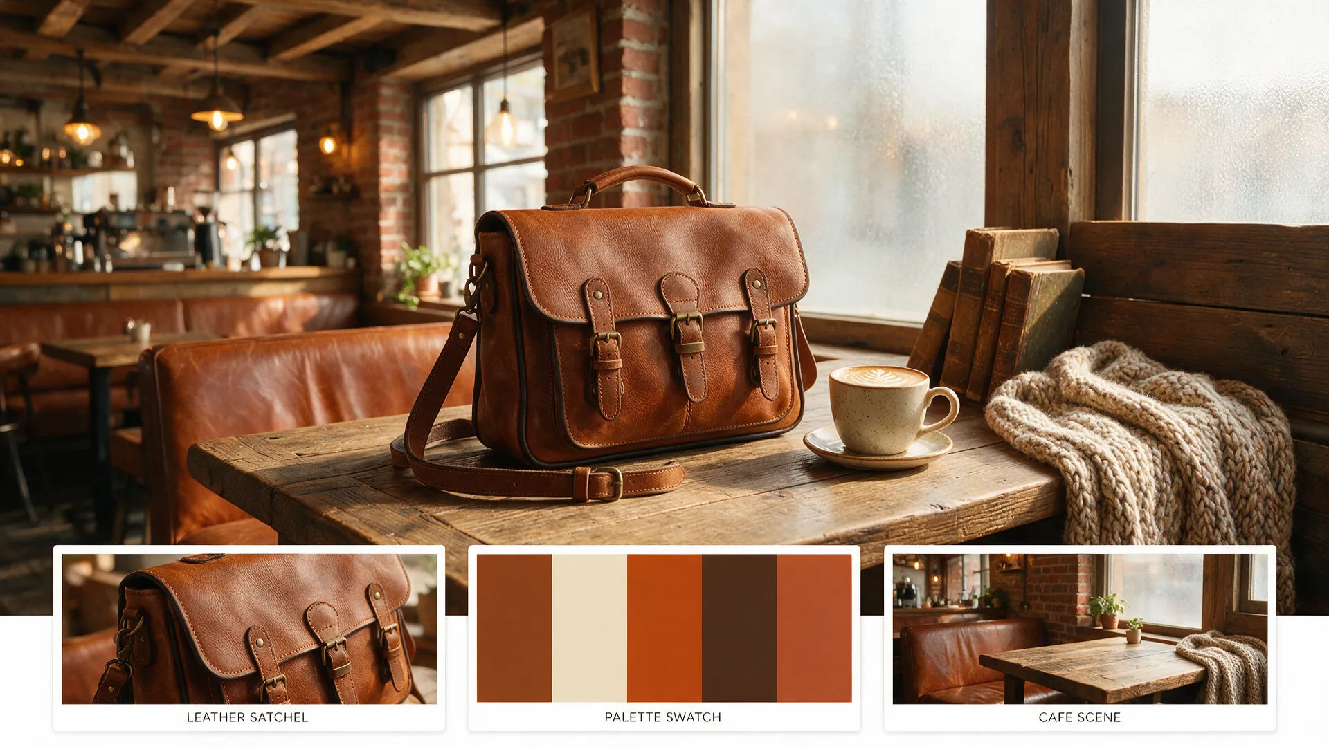 Eine Ledertasche in einer Café-Szene, darunter drei beschriftete Referenzbilder