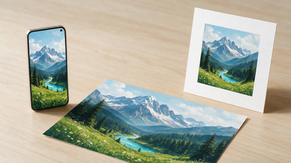 A mesma ilustração de montanha aplicada em um mockup de celular, uma impressão quadrada e uma impressão larga