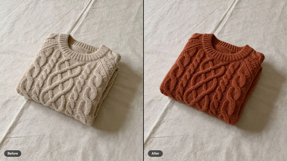 Antes y después de un suéter de punto trenzado doblado, de color avena a color óxido, con el mismo tejido y los mismos pliegues