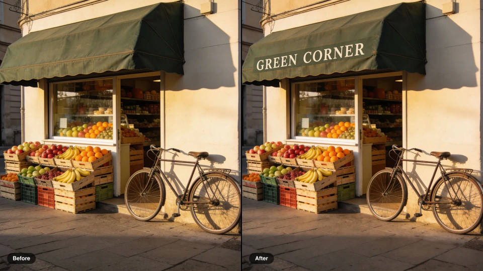 Antes y después de una tienda de la esquina: el toldo verde liso ahora lleva escrito GREEN CORNER