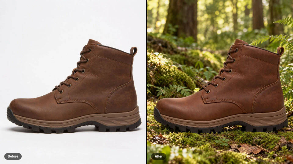Antes y después de una bota de senderismo de cuero marrón, movida de un fondo blanco de estudio a un suelo de bosque cubierto de musgo