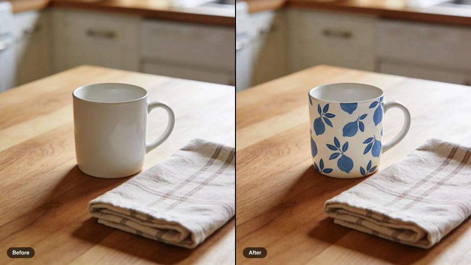 Antes y después de una taza blanca lisa sobre una mesa, ahora estampada con un patrón de limones en azul índigo tomado de una muestra de referencia