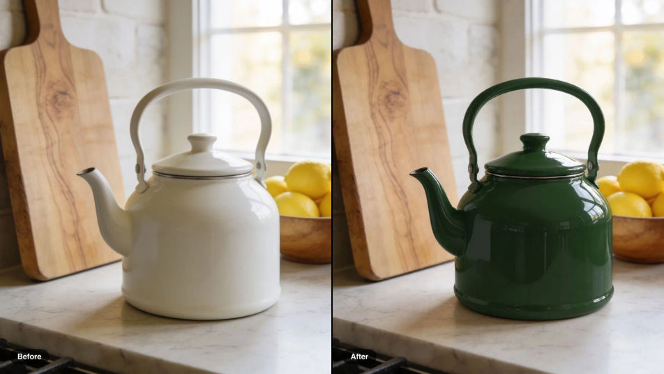 Before and after of the same kitchen counter, a white enamel kettle recolored to glossy forest green