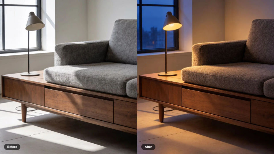 Before and after of the same living room, flat daylight relit to dusk with a warm floor lamp