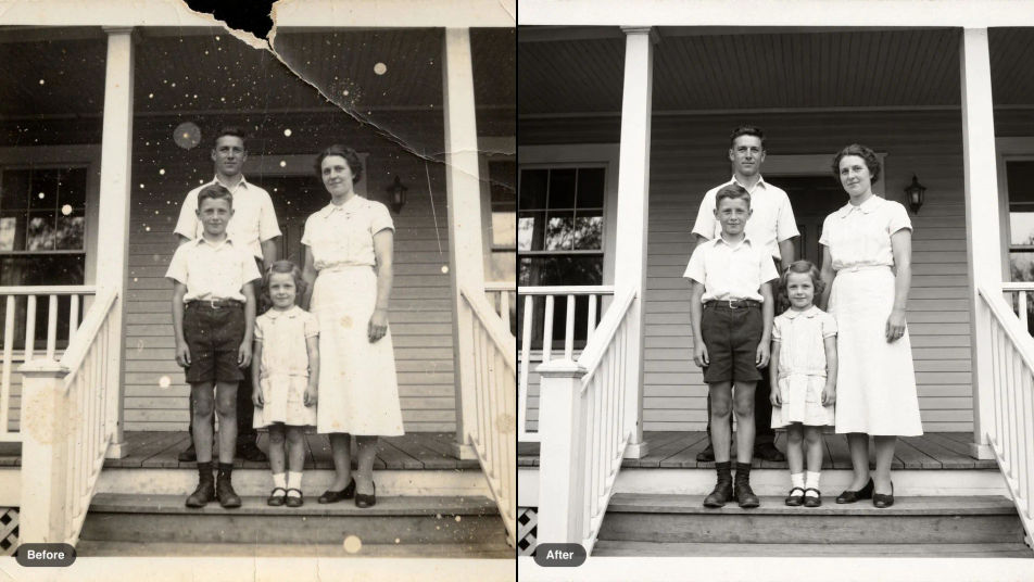 Before and after of a damaged black and white family photo on a porch, restored with creases and tears removed