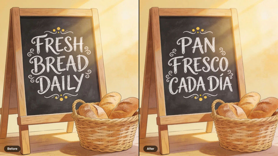 Before and after of a cafe chalkboard, FRESH BREAD DAILY translated to PAN FRESCO CADA DÍA in the same chalk lettering