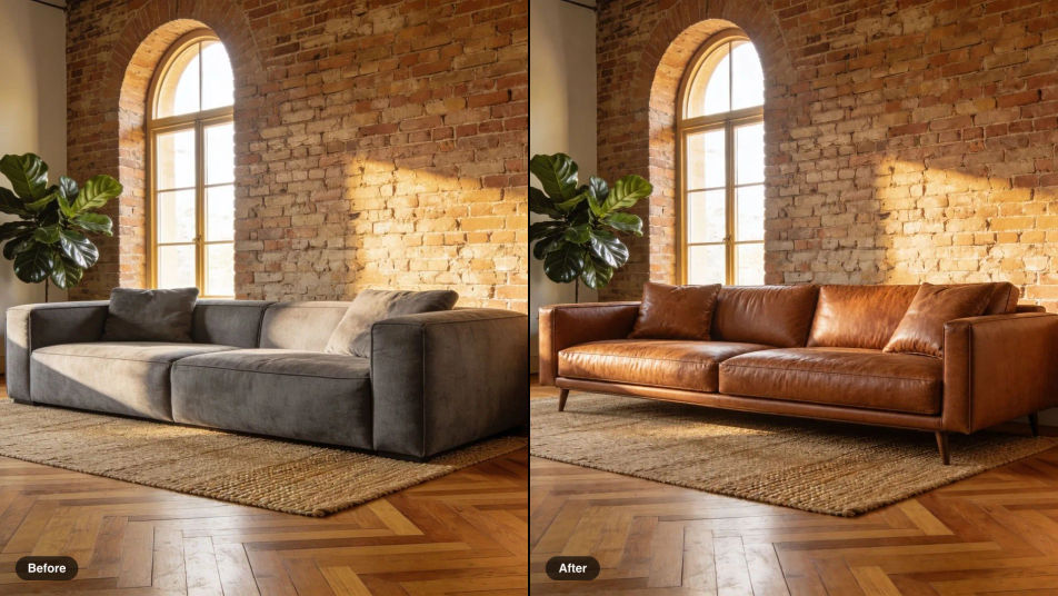 Before and after of a brick-walled living room, a grey fabric sofa swapped for a cognac leather sofa