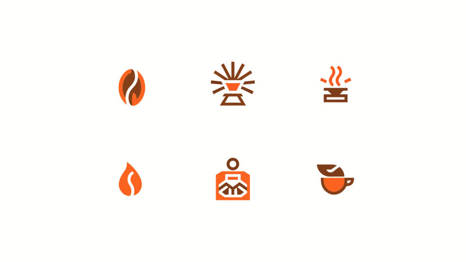 Six flat orange and brown logo marks for an invented coffee roastery, drawn as an SVG