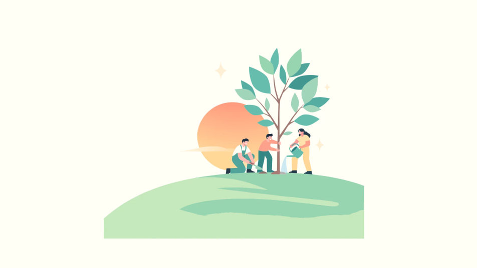 Flat vector illustration of a small team planting a tree on a green hill at sunset