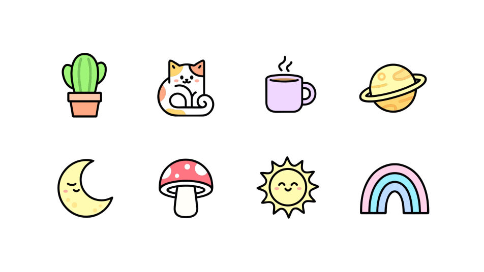 Sticker sheet of eight cute vector stickers: cactus, cat, mug, planet, moon, mushroom, sun and rainbow