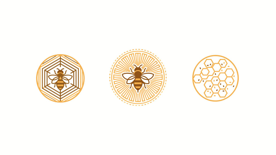Three round gold and brown seal designs with bees and honeycomb, drawn as an SVG