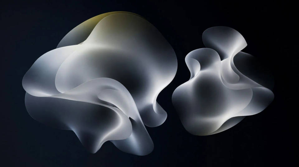 Two luminous forms in call and response against deep black