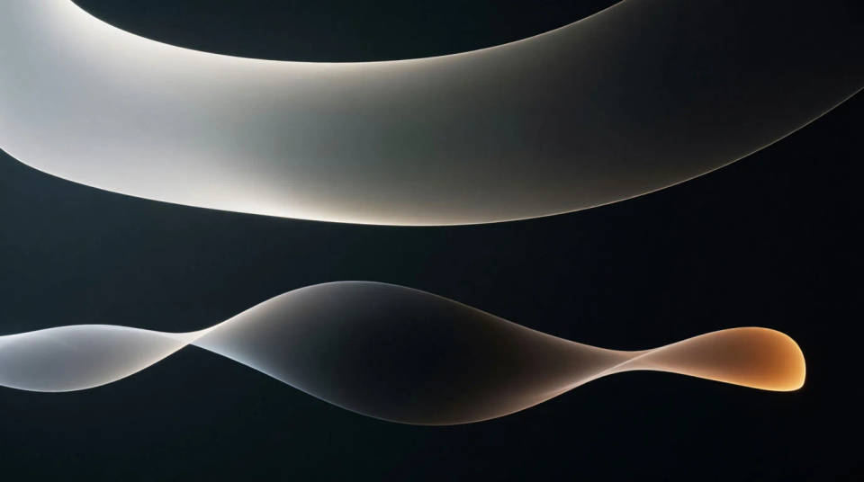 A sculpted line of light whose amplitude swells and settles along its length