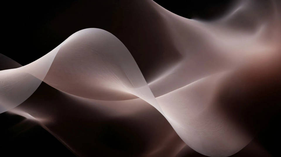 A long slow wave with open gaps between its crests, in pearl and rose grey