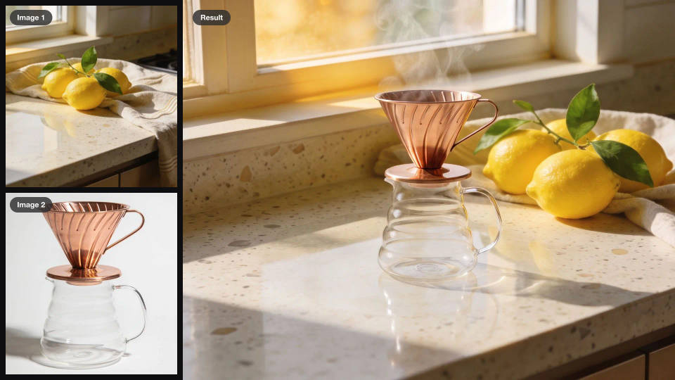 A terrazzo kitchen counter and a copper pour-over coffee set as inputs, combined into one photo of the coffee set on the counter
