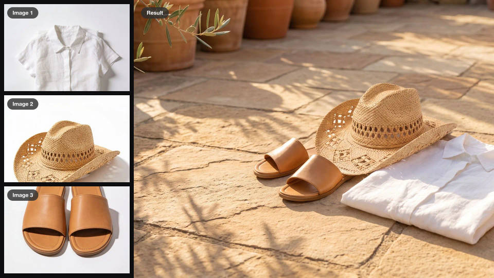 A linen shirt, a straw hat and leather sandals as inputs, combined into one wide terrace photo with space on the left