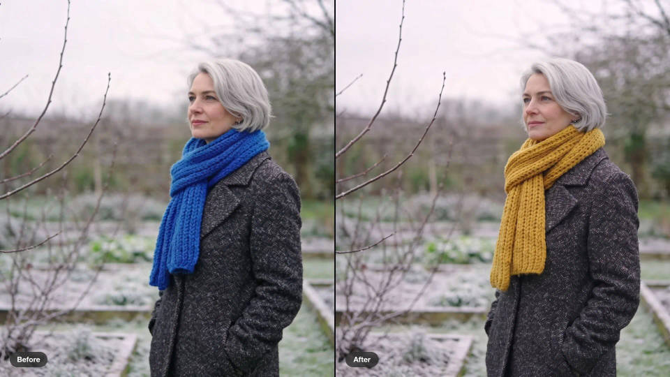 Before and after of a silver-haired woman in a winter garden, her blue scarf changed to a mustard yellow knit