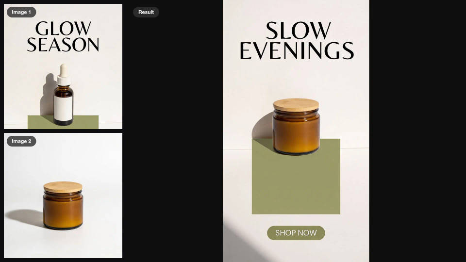 A story ad reading GLOW SEASON and an amber candle as inputs, turned into the same layout reading SLOW EVENINGS with the candle