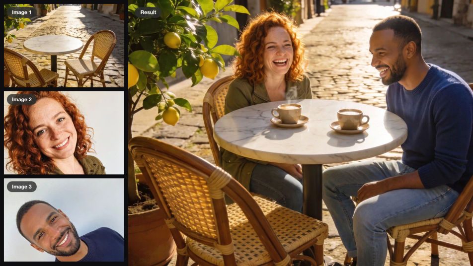 A cafe terrace and two selfies as inputs, combined into one photo of the two people laughing over coffee at the table
