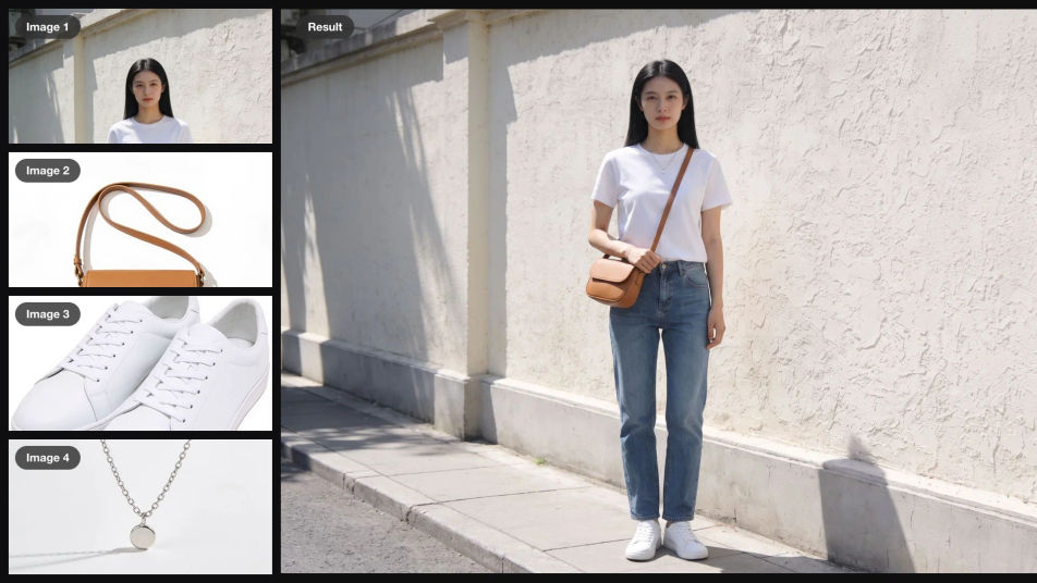 A woman on a sidewalk and three product photos as inputs, combined into one photo of her wearing the tan bag, white sneakers and silver necklace