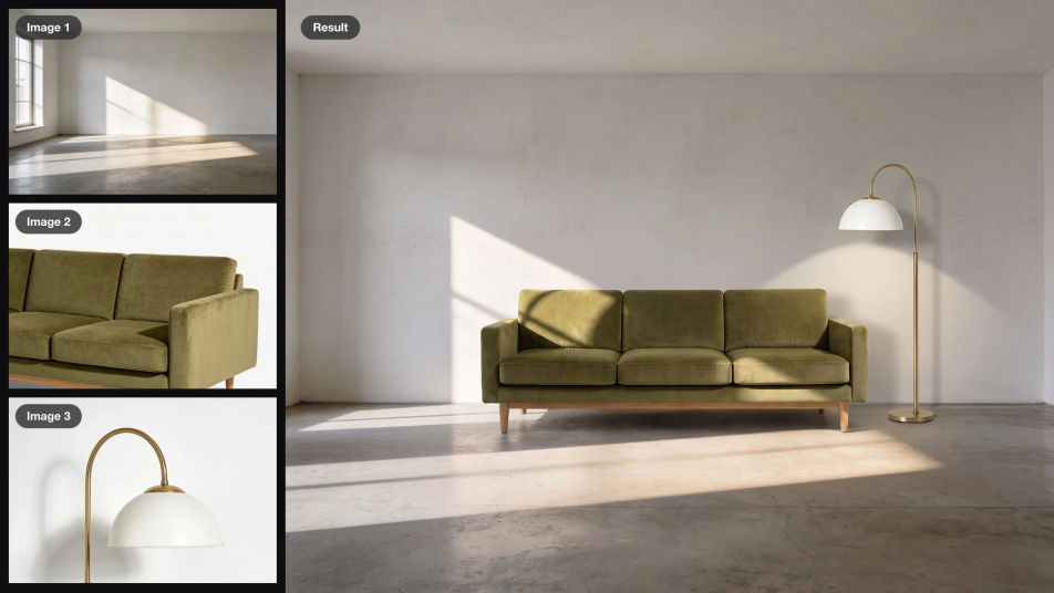 An empty sunlit room, an olive velvet sofa and a brass floor lamp as inputs, combined into one photo of the furnished room
