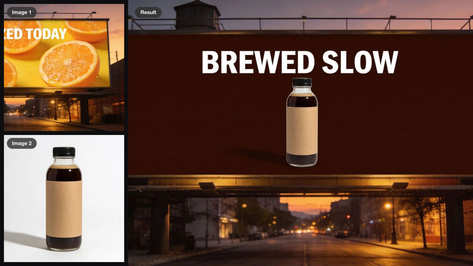 A rooftop billboard with an orange juice ad and a cold brew bottle as inputs, combined into the same billboard advertising the cold brew with the headline BREWED SLOW