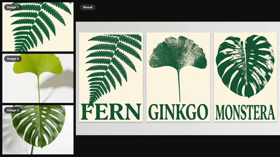 A botanical poster titled FERN and two leaf photos as inputs, turned into three matching posters titled FERN, GINKGO and MONSTERA