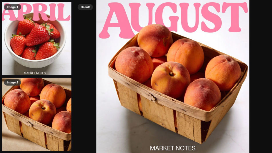 A square post reading APRIL over strawberries and a photo of peaches as inputs, turned into the same post reading AUGUST over the peaches