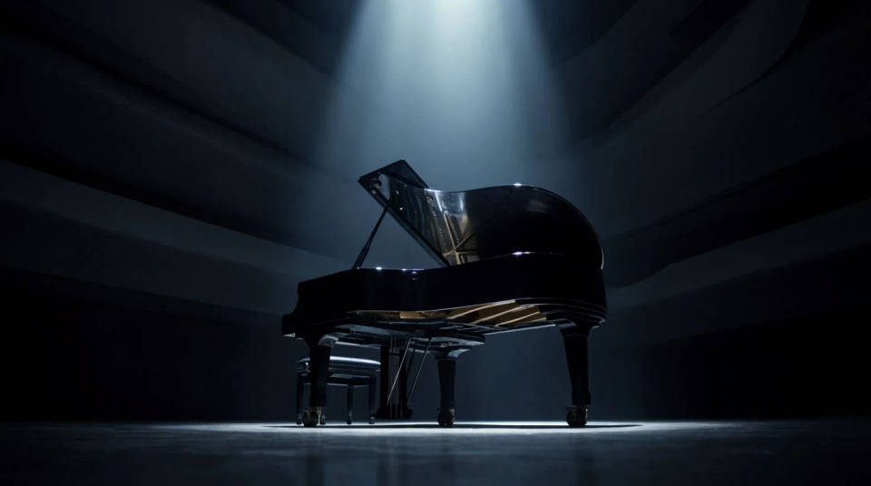 A concert grand piano with the lid raised, alone in a dark hall under a single shaft of light