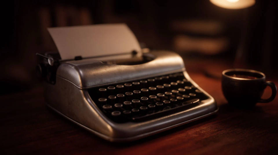 A vintage typewriter on a dark desk with a blank sheet curling from the platen, under a warm lamp