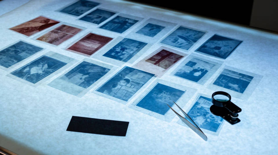 An overhead flat lay of photographic transparencies scattered across a glowing lightbox