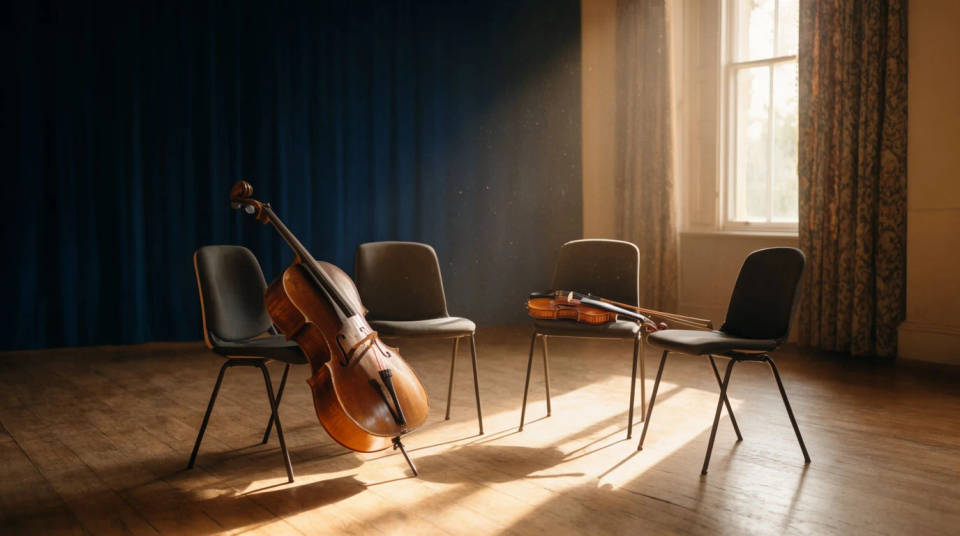 Four empty chairs in a rehearsal room with a cello and violin resting on them in afternoon light