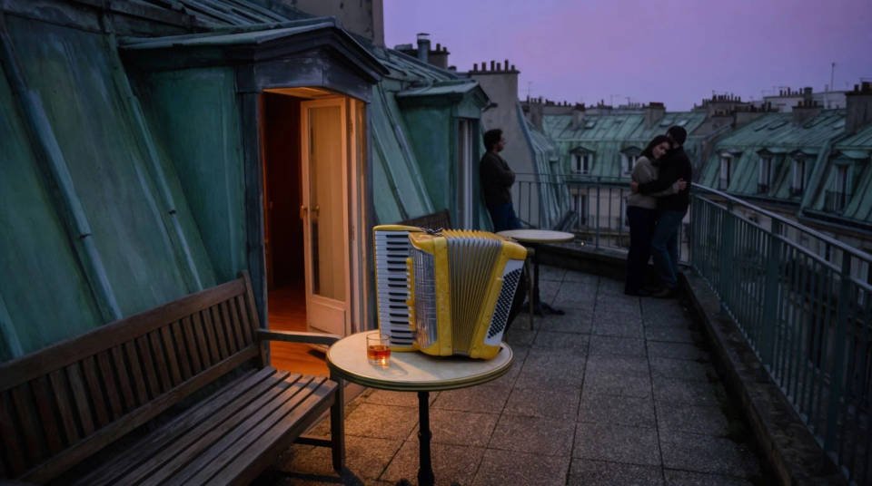 A Paris rooftop terrace at dusk with an accordion resting on a small cafe table