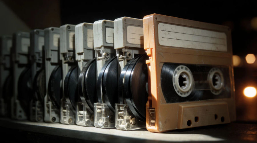 A row of worn cassette tapes on a dark shelf under a hard raking light