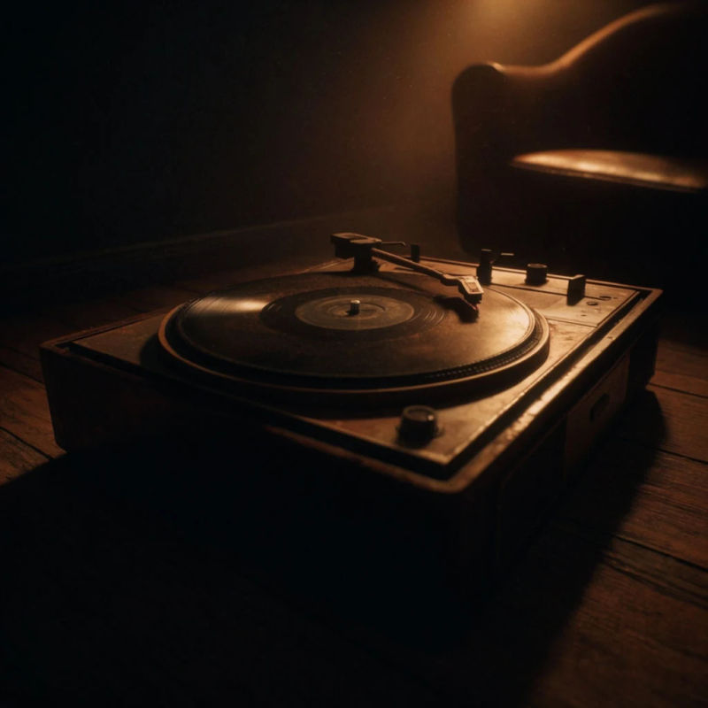 A vintage record player with the needle resting on a spinning vinyl in warm lamplight