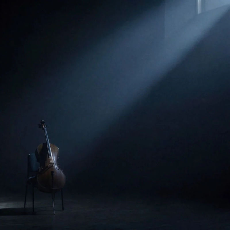 A cello alone in a vast dark hall under a single shaft of cool light