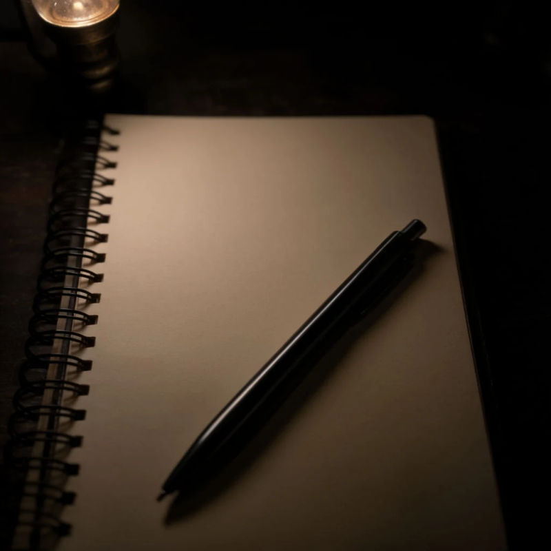 An open notebook with a pen laid across a blank page beside a small lamp