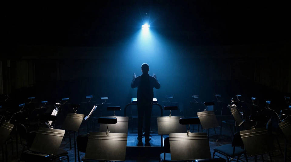 A darkened scoring stage with a conductor lit by a single warm key light