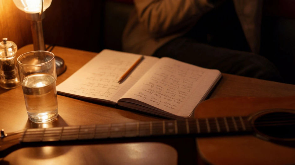 A handwritten lyric notebook open beside an acoustic guitar in warm lamplight