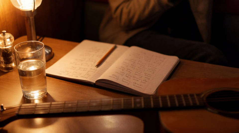 A handwritten lyric notebook open beside an acoustic guitar in warm lamplight